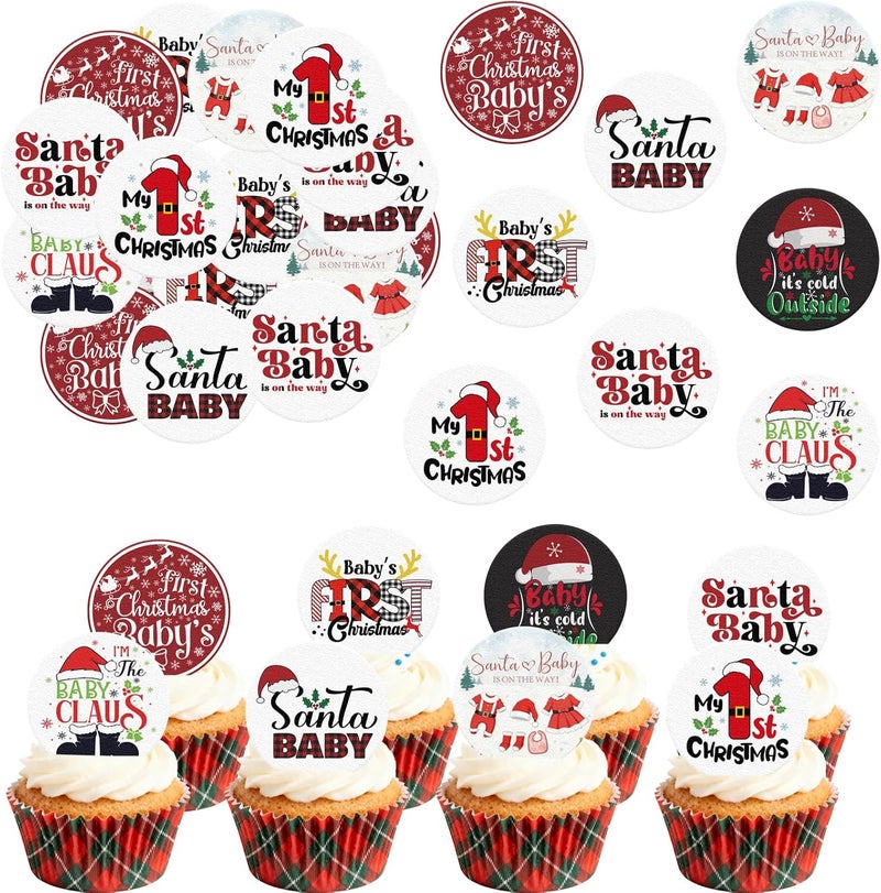 Fyeoxle 36PCS Edible My 1st Christmas Cupcake Toppers Wafer Paper Santa Baby Cupcake Toppers Christmas Cake Picks for Xmas Theme Party Baby Shower Birthday Supplies - Image 1